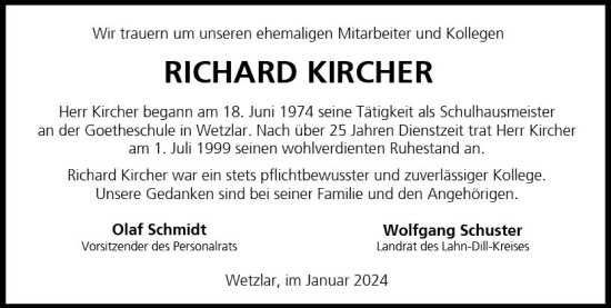 Traueranzeige von Richard Kircher von Wetzlarer Neue Zeitung