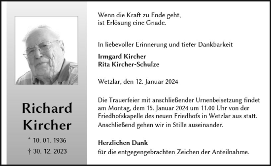 Traueranzeige von Richard Kircher von Wetzlarer Neue Zeitung