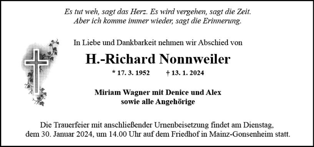  Traueranzeige für Richard Nonnweiler vom 20.01.2024 aus Allgemeine Zeitung Mainz