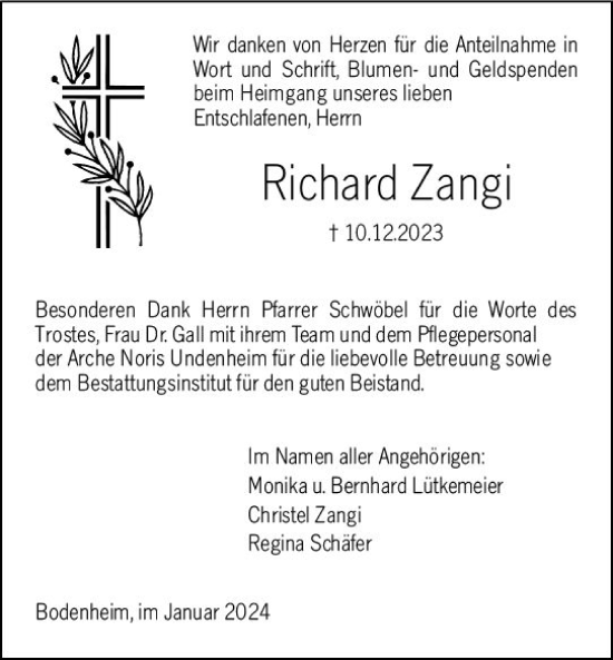 Traueranzeige von Richard Zangi von Allgemeine Zeitung Mainz