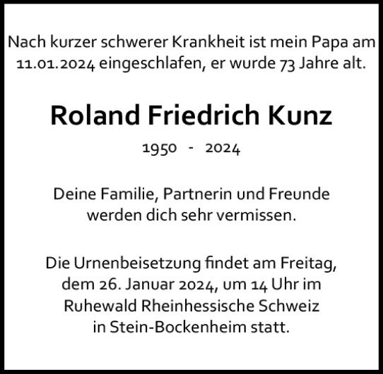 Traueranzeige von Roland Friedrich Kunz von Allgemeine Zeitung Bad Kreuznach
