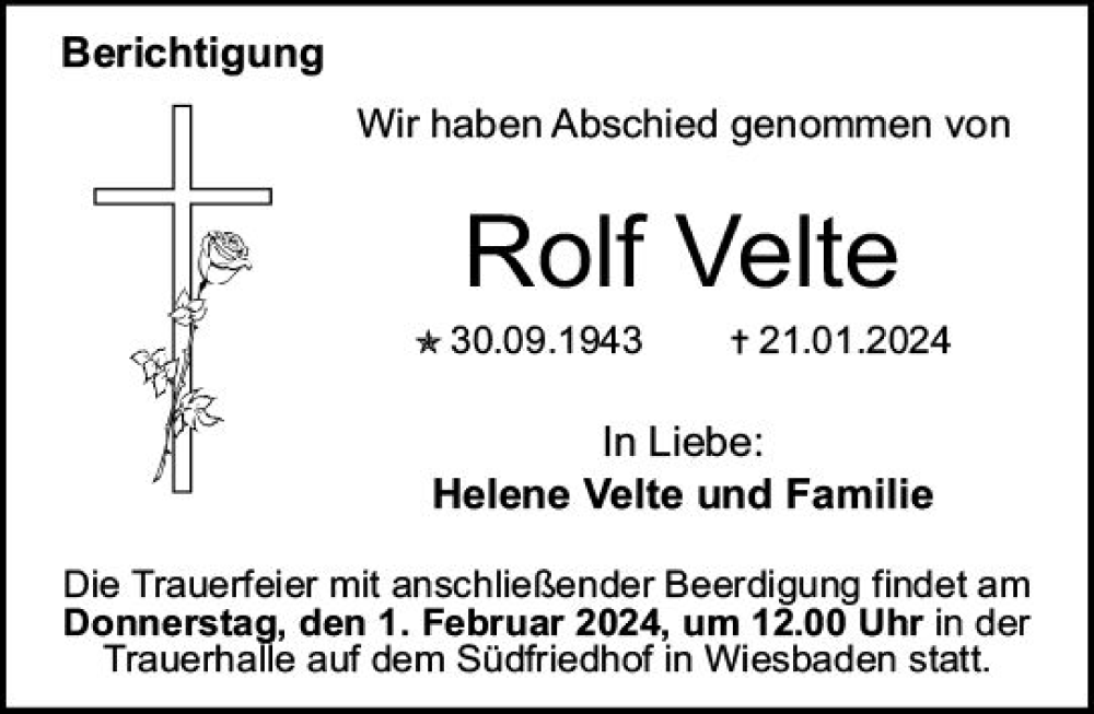  Traueranzeige für Rolf Velte vom 30.01.2024 aus Allgemeine Zeitung Mainz