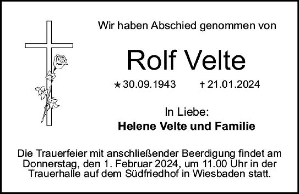  Traueranzeige für Rolf Velte vom 27.01.2024 aus Wiesbadener Kurier