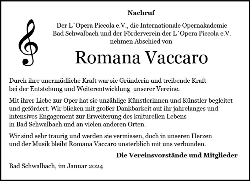 Traueranzeige für Romana Vaccaro vom 29.01.2024 aus Idsteiner Land/Untertaunus