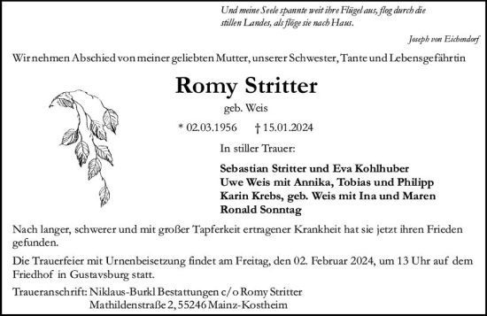 Traueranzeige von Romy Stritter von Allgemeine Zeitung Bingen/Ingelheim
