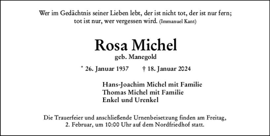 Traueranzeige von Rosa Michel von Wiesbadener Kurier