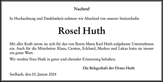 Traueranzeige von Rosel Huth von Weilburger Tageblatt