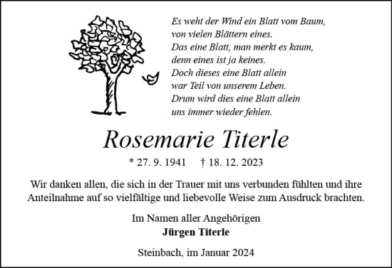 Traueranzeige von Rosemarie Titerle von Odenwälder Echo