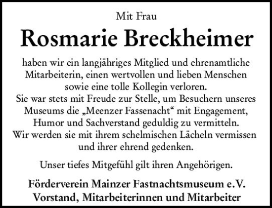 Traueranzeige von Rosmarie Breckheimer von Allgemeine Zeitung Mainz