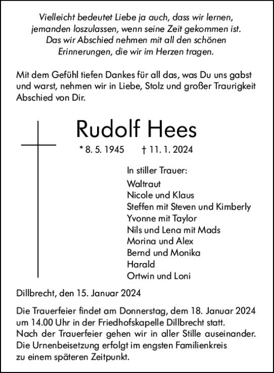Traueranzeige von Rudolf Hees von Dill Block