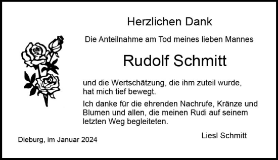 Traueranzeige von Rudolf Schmitt von Dieburger Anzeiger/Groß-Zimmerner Lokal-Anzeiger