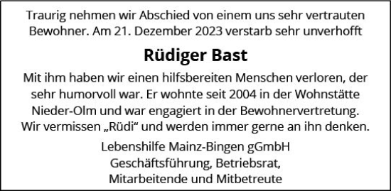 Traueranzeige von Rüdiger Bast von Allgemeine Zeitung Mainz