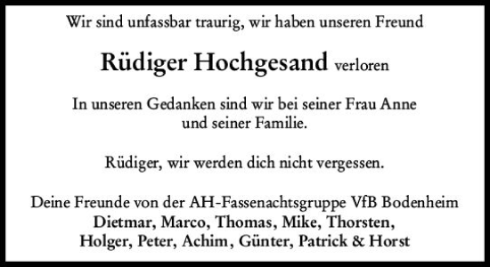 Traueranzeige von Rüdiger Hochgesand von Allgemeine Zeitung Mainz