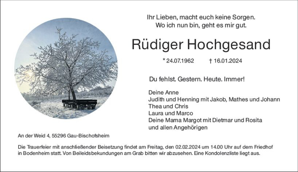  Traueranzeige für Rüdiger Hochgesand vom 27.01.2024 aus Allgemeine Zeitung Mainz