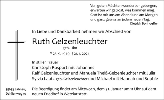 Traueranzeige von Ruth Gelzenleuchter von Wetzlarer Neue Zeitung