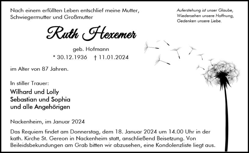  Traueranzeige für Ruth Hexemer vom 16.01.2024 aus Allgemeine Zeitung Mainz