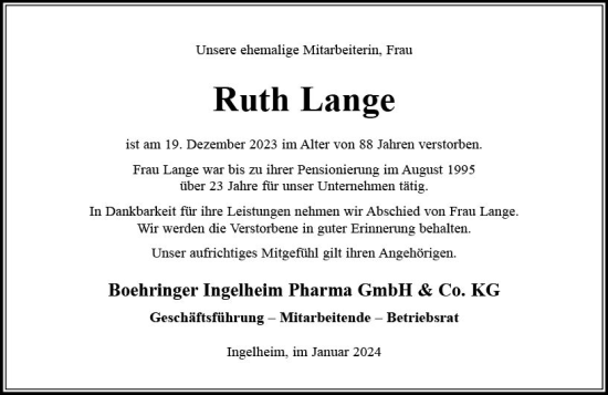 Traueranzeige von Ruth Lange von Allgemeine Zeitung Bingen/Ingelheim