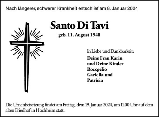 Traueranzeige von Santo Di Tavi von Hochheimer Zeitung