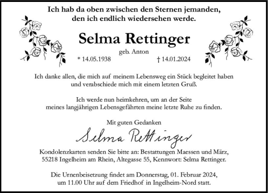 Traueranzeige von Selma Rettinger von Allgemeine Zeitung Bingen/Ingelheim