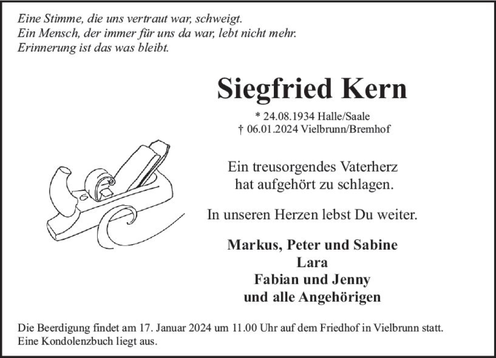  Traueranzeige für Siegfried Kern vom 13.01.2024 aus Odenwälder Echo