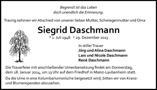 Traueranzeige von Siegrid Daschmann von Allgemeine Zeitung Mainz