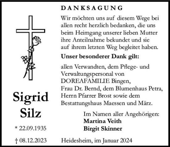 Traueranzeige von Sigrid Silz von Allgemeine Zeitung Bingen/Ingelheim