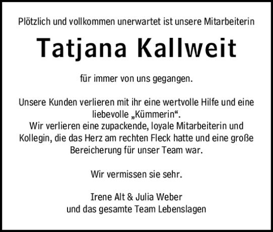 Traueranzeige von Tatjana Kallweit von Allgemeine Zeitung Mainz