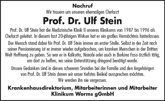 Traueranzeige von Ulf Stein von Wormser Zeitung