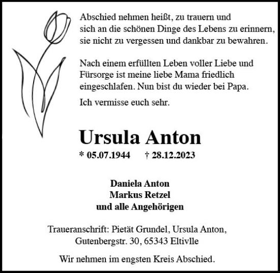 Traueranzeige von Ursula Anton von Wiesbadener Kurier
