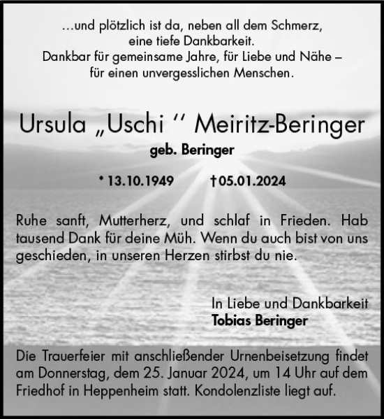 Traueranzeige von Ursula  Meiritz-Beringer von Starkenburger Echo