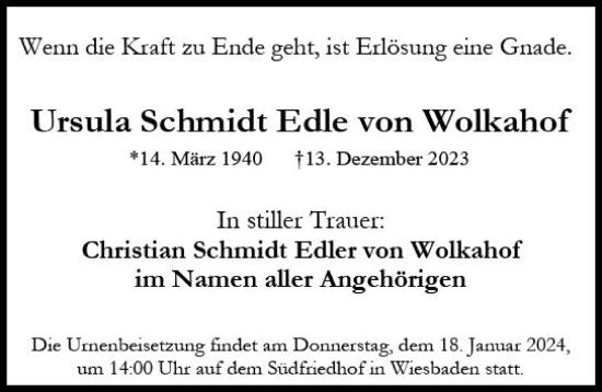 Traueranzeige von Ursula Schmidt Edle von Wolkahof von Wiesbadener Kurier