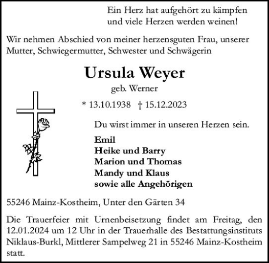 Traueranzeige von Ursula Weyer von Allgemeine Zeitung Mainz