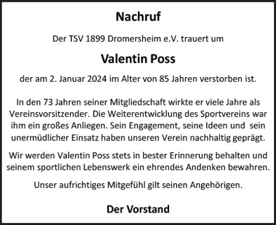 Traueranzeige von Valentin Poss von Allgemeine Zeitung Bingen/Ingelheim