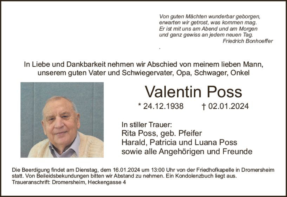  Traueranzeige für Valentin Poss vom 13.01.2024 aus Allgemeine Zeitung Bingen/Ingelheim