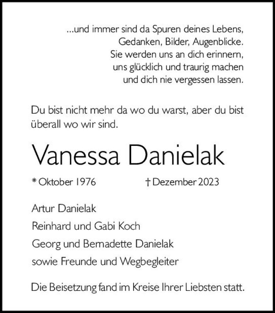  Traueranzeige für Vanessa Danielak vom 27.01.2024 aus Rüsselsheimer Echo