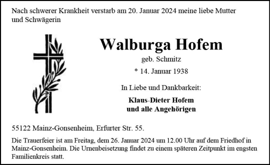 Traueranzeige von Walburga Hofem von Allgemeine Zeitung Mainz