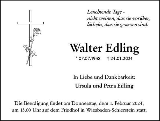 Traueranzeige von Walter Edling von Wiesbadener Kurier