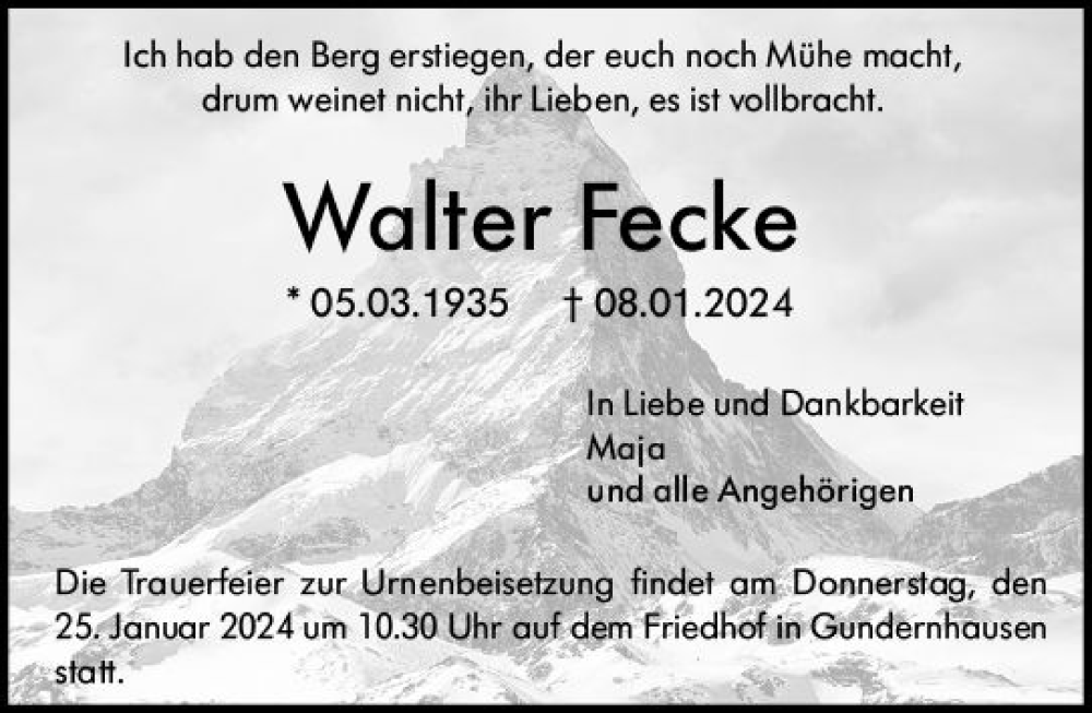  Traueranzeige für Walter Fecke vom 20.01.2024 aus Darmstädter Echo