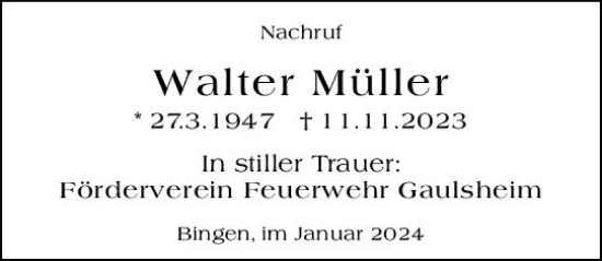 Traueranzeige von Walter Müller von Allgemeine Zeitung Bingen/Ingelheim