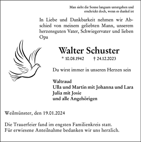 Traueranzeige von Walter Schuster von Weilburger Tageblatt