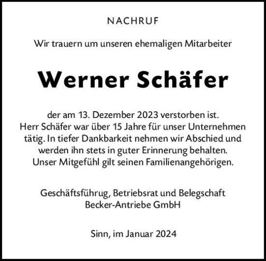 Traueranzeige von Werner Schäfer von Dill Block