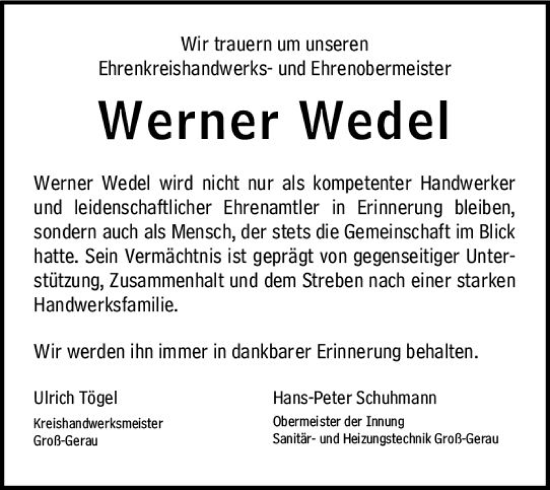 Traueranzeige von Werner Wedel von Groß-Gerauer Echo