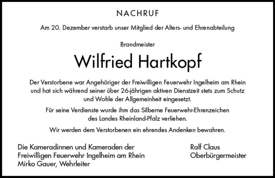 Traueranzeige von Wilfried Hartkopf von Allgemeine Zeitung Bingen/Ingelheim