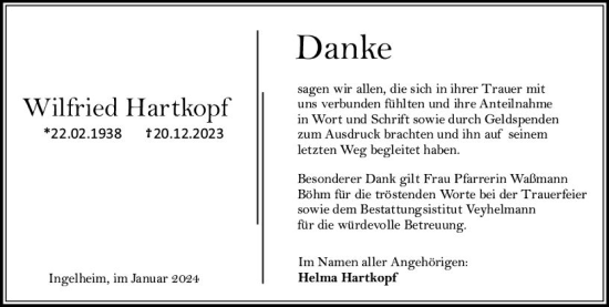 Traueranzeige von Wilfried Hartkopf von Allgemeine Zeitung Bingen/Ingelheim