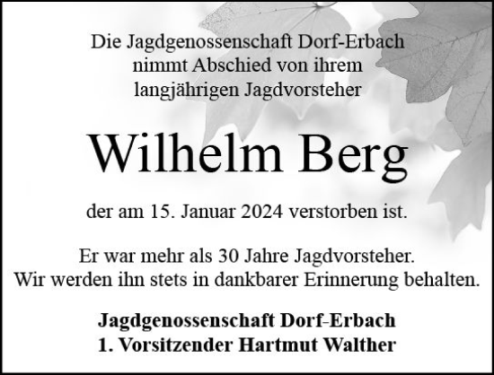 Traueranzeige von Wilhelm Berg von Odenwälder Echo