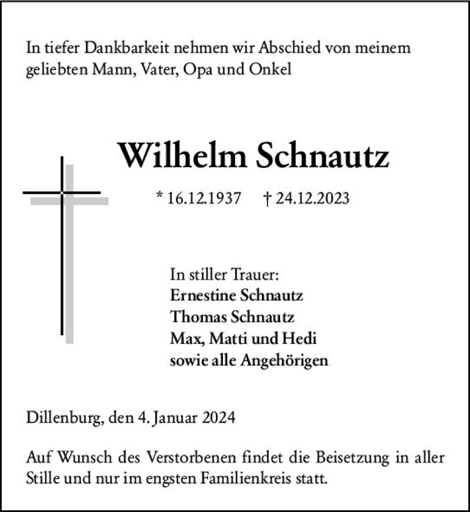  Traueranzeige für Wilhelm Schnautz vom 04.01.2024 aus Dill Block
