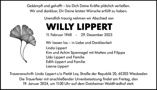Traueranzeige von Willy Lippert von Wiesbadener Kurier