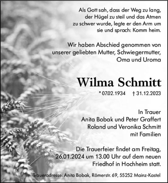 Traueranzeige von Wilma Schmitt von Hochheimer Zeitung