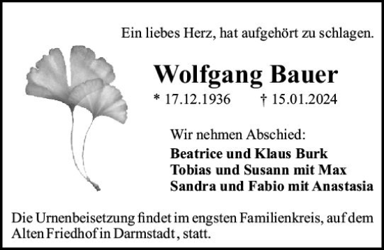 Traueranzeige von Wolfgang Bauer von Darmstädter Echo