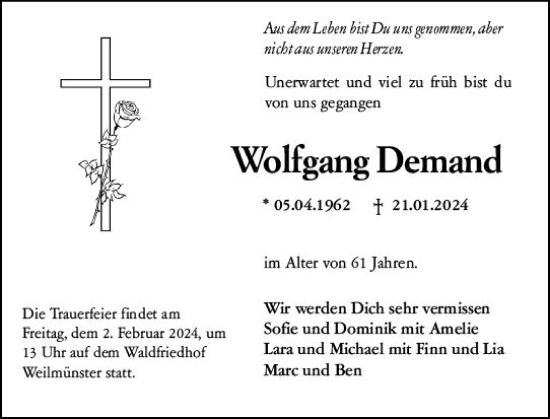 Traueranzeige von Wolfgang Demand von Wetzlarer Neue Zeitung